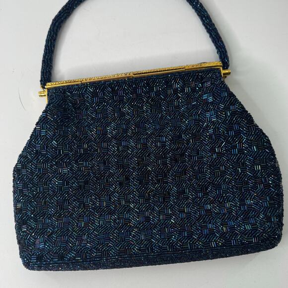 Vtg 50s Seed Bead Handbag Purse Scalloped Edge Iridescent Navy Gold Hong Kong - Picture 5 of 7